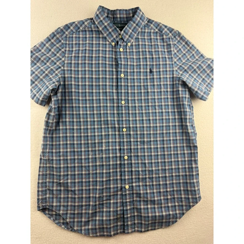 Ralph Lauren Boys XL‎ 18-20 Short Sleeve Button Down Shirt Blue Plaid Cotton